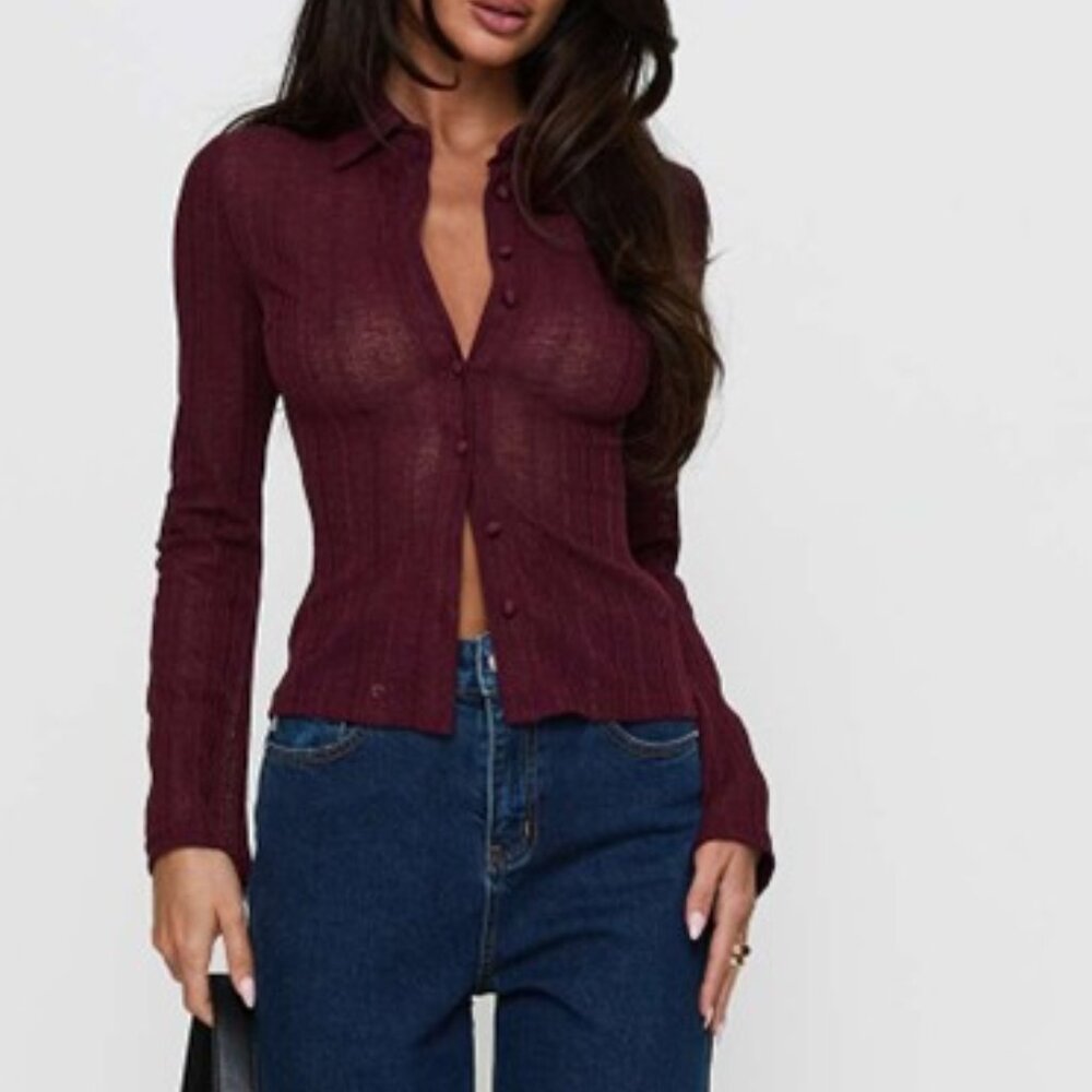 When You Sleep Long Sleeve Top Wine - see through